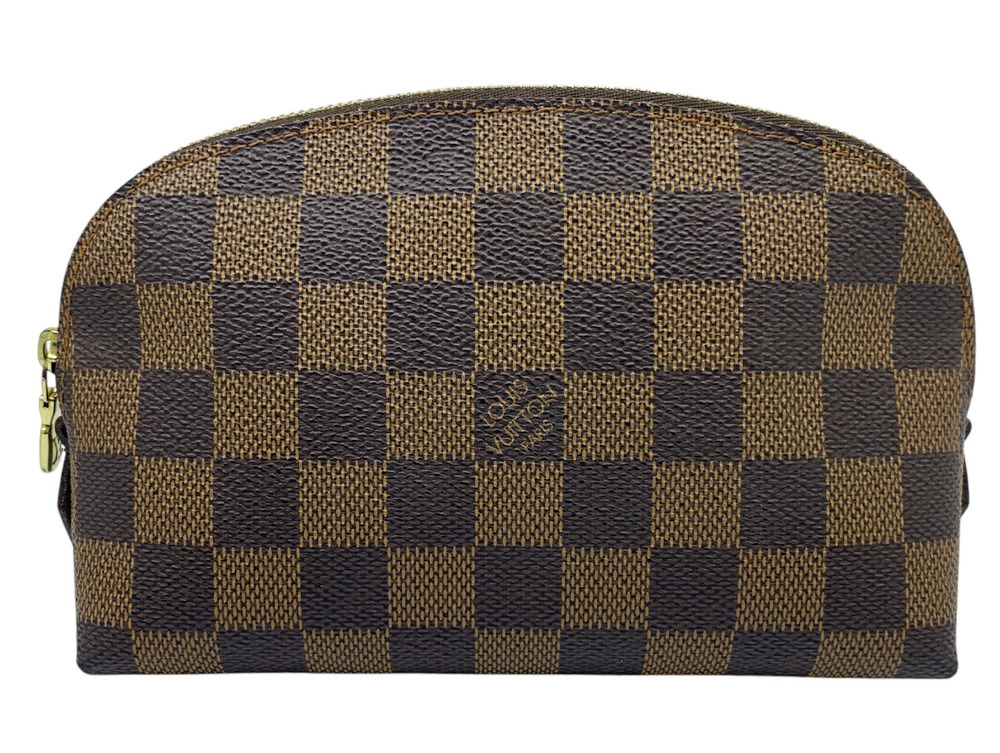 Louis Vuitton Damier Pochette Cosmetic Makeup Pouch Canvas Leather Brown